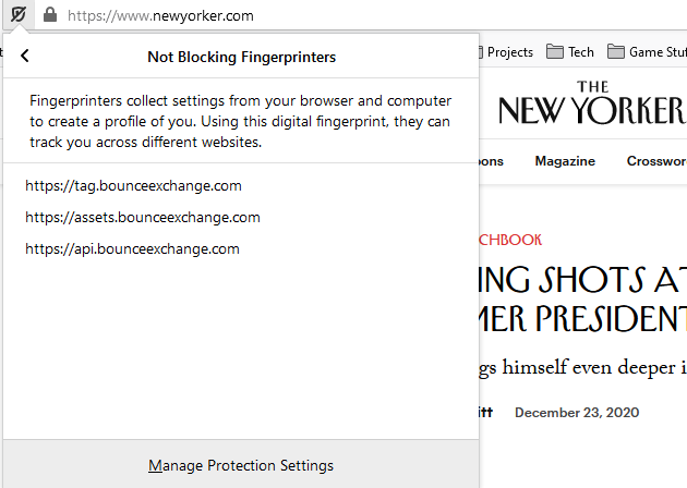 New Yorker Fingerprinting - Bounce Exchange.  Displays a Firefox menu showing 3 unblocked fingerprinters associated with bounceexchange.com